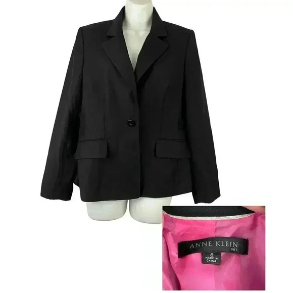 Anne Klein Black Blazer Jacket Sz 8 Single Button Pink Lining Women's - Picture 1 of 8